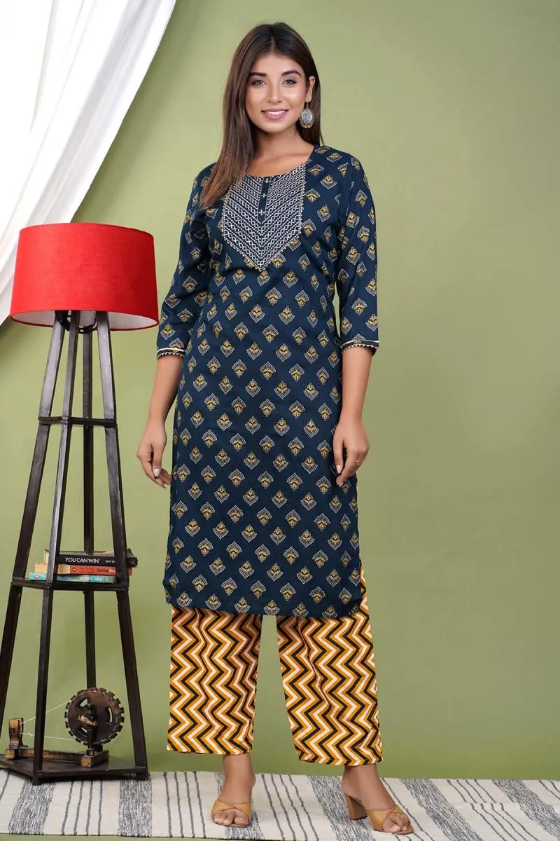 Rayon Embroidered Kurti with Pant Set for Women