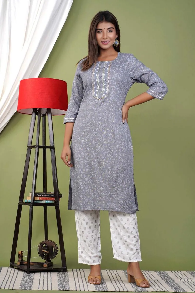 Rayon Printed Kurti with Pant Set for Women