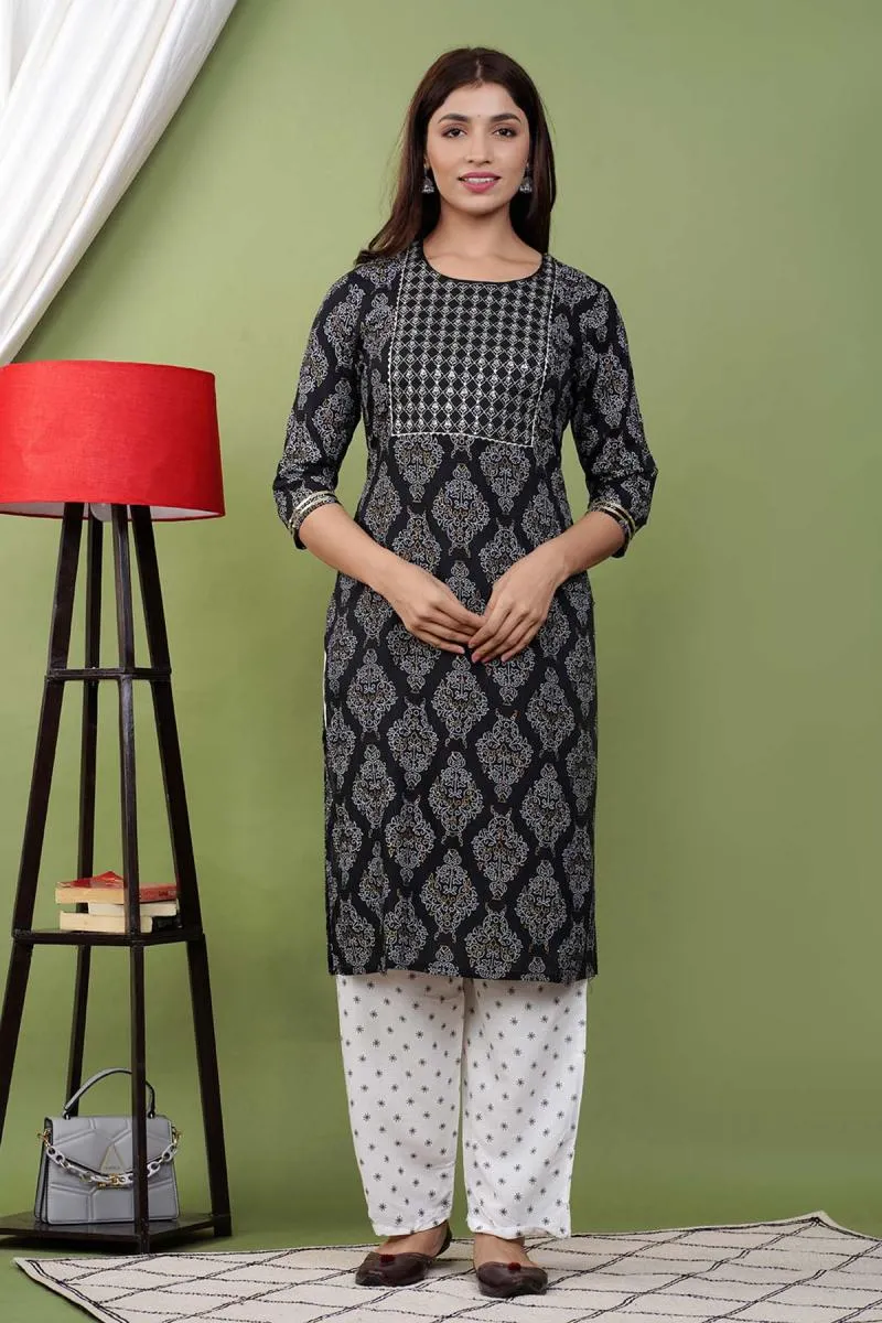Rayon Printed Kurta with Pant Set for Women  000075XL4BLA2