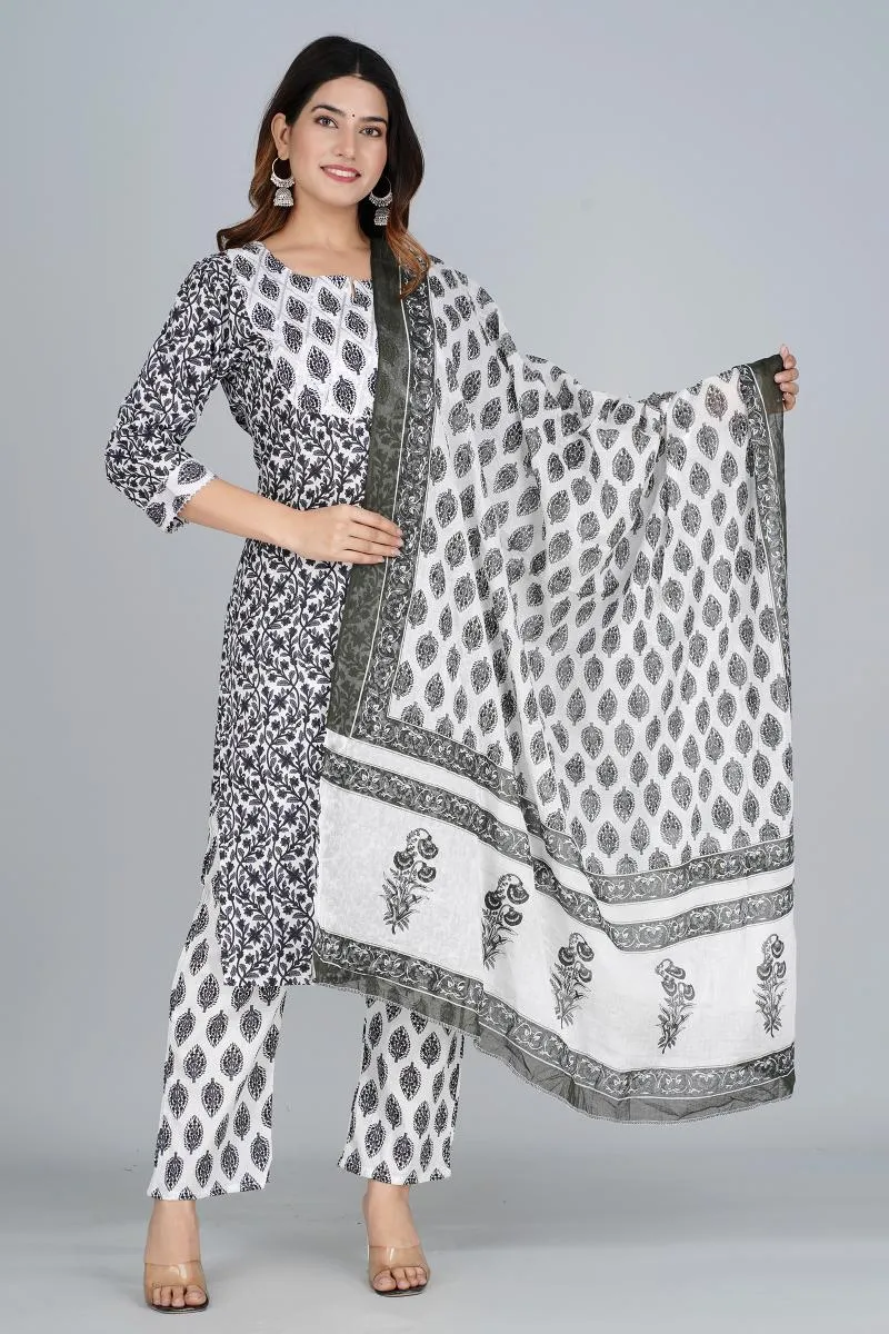 Cotton Printed Kurti with Palazzo & Dupatta Set for Women