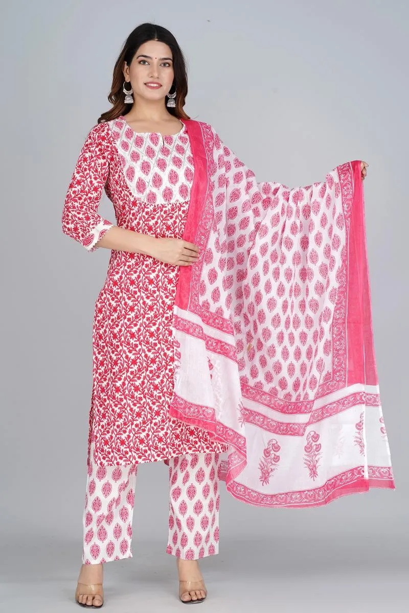 Cotton Printed Kurti with Palazzo & Dupatta Set for Women 000083M38PIN2