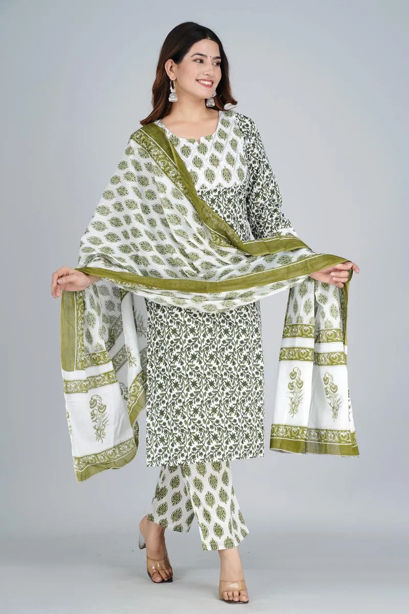 Cotton Printed Kurti with Palazzo & Dupatta Set for Women 000083XL4GRE2