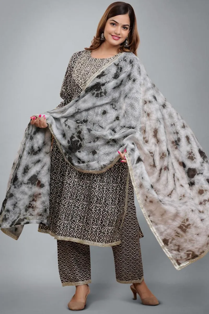 Cotton Embroidered Kurti with Palazzo & Dupatta Set for Women  000084M38GRE2