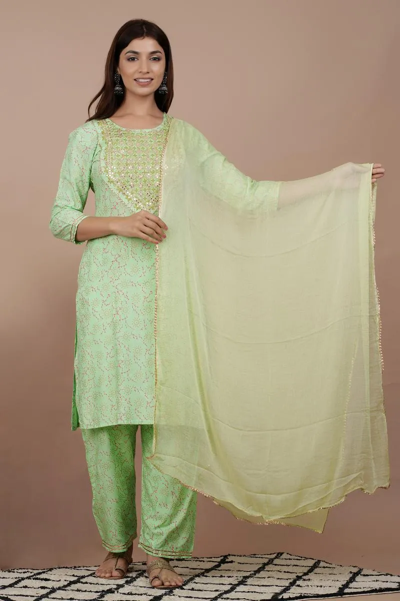 Rayon Embroidered Kurti with Palazzo & Dupatta Set for Women