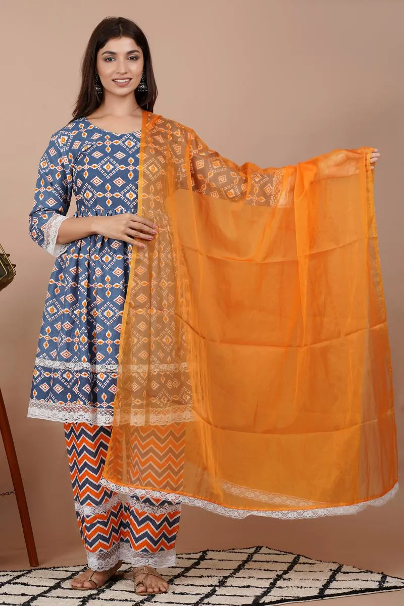 Cotton Printed Kurti with Palazzo & Dupatta Set for Women 000086XXLBLU2
