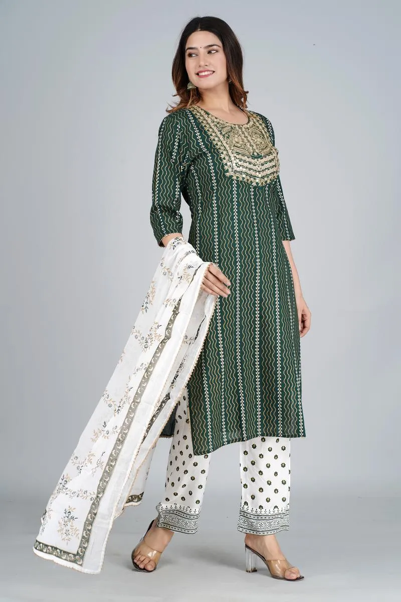 Rayon Embroidered Kurti with Palazzo & Dupatta Set for Women 000087M38GRE2
