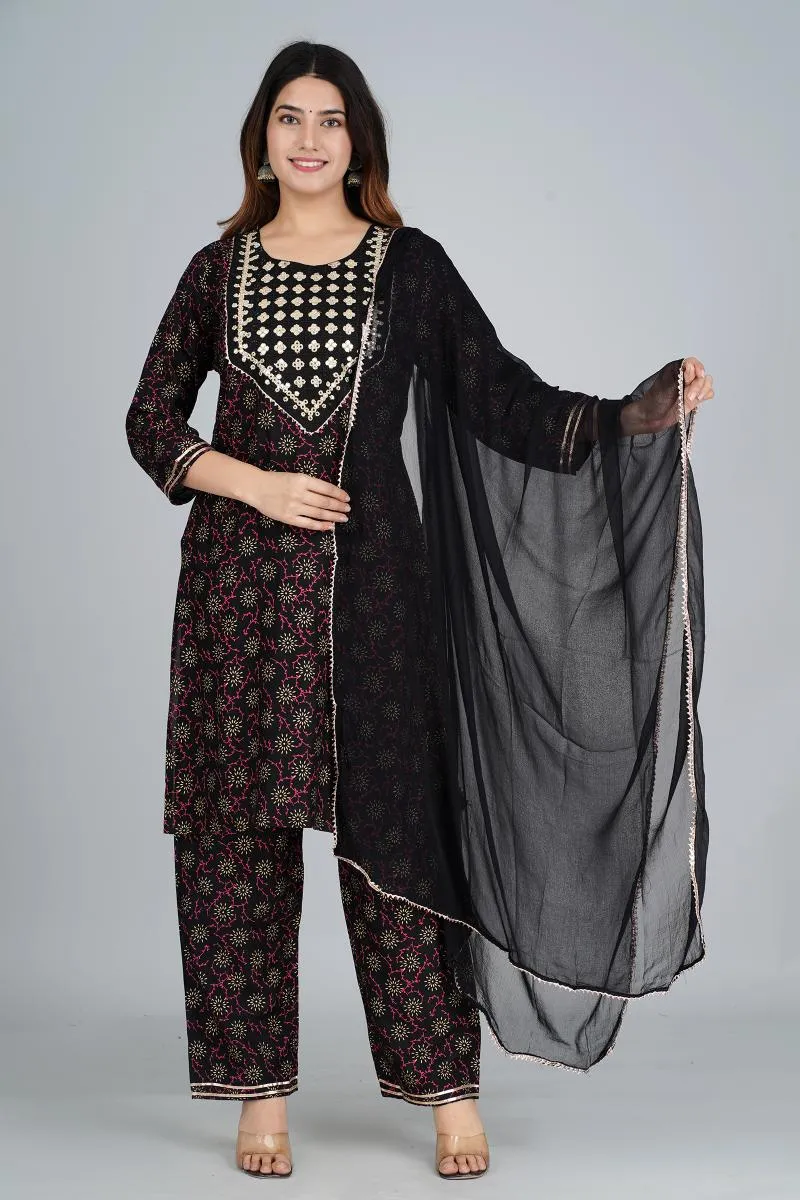 Rayon Embroidered Kurti with Palazzo & Dupatta Set for Women 000092L40BLA2