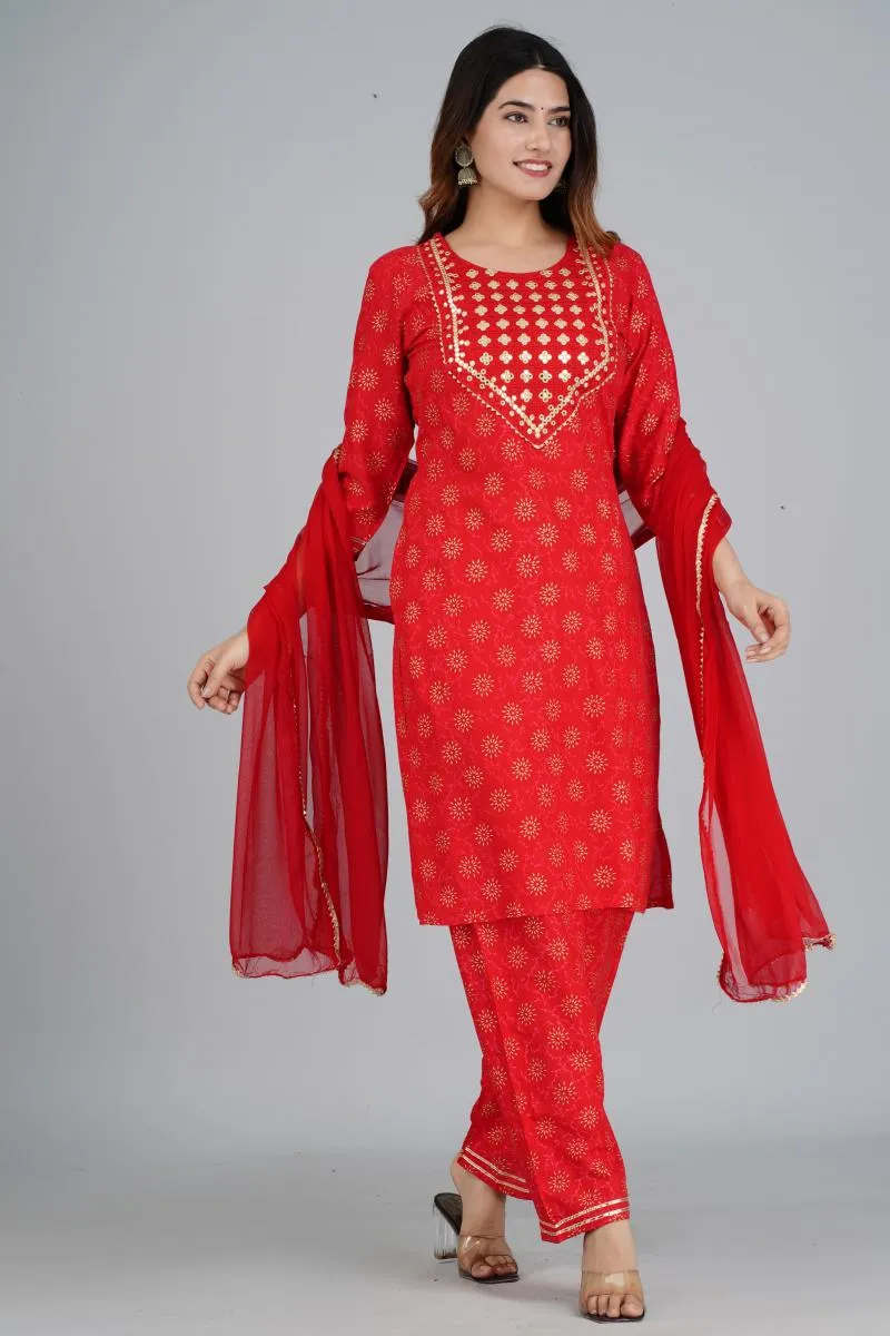 Rayon Embroidered Kurti with Palazzo & Dupatta Set for Women 000092L40RED2
