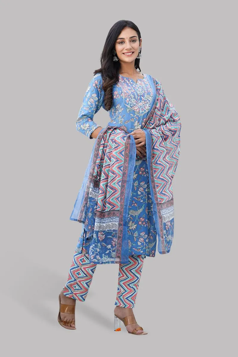 Rayon Printed Kurti with Palazzo & Dupatta Set for Women 000093XL4BLU2