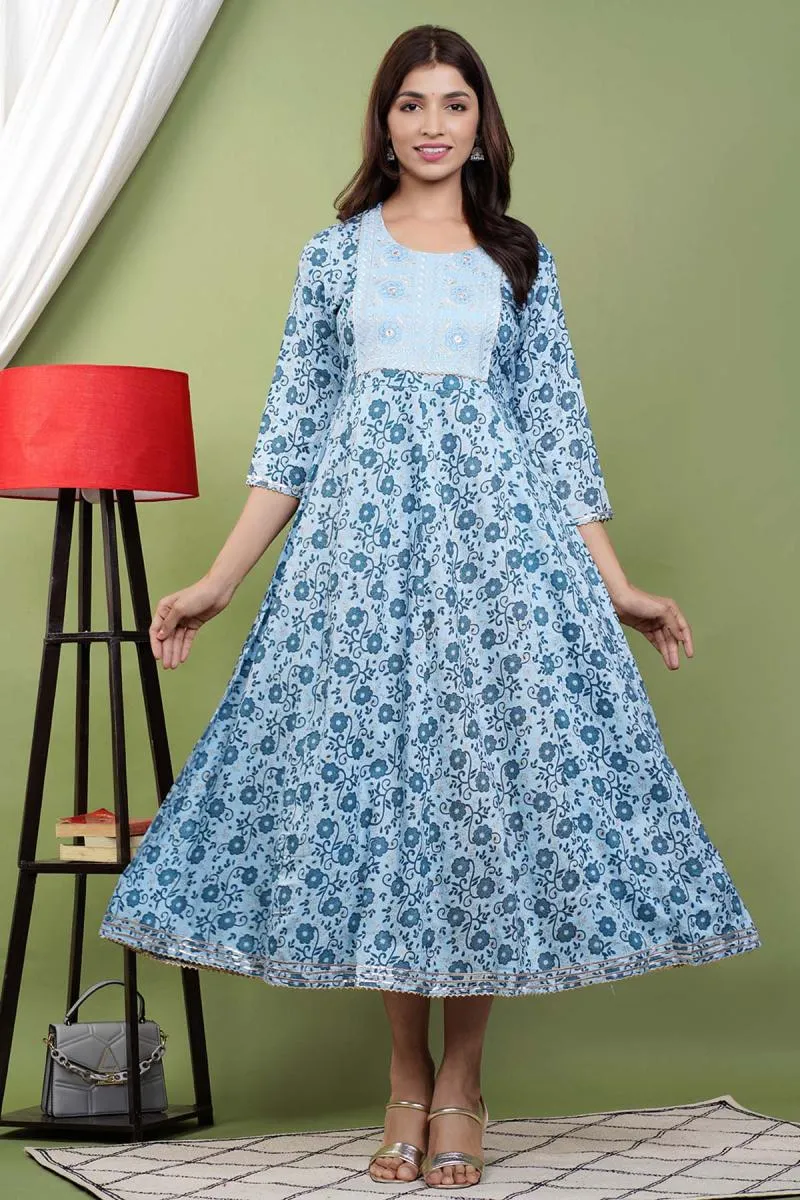 Cotton Rayon Printed Anarkali for Women 000103XLBLU