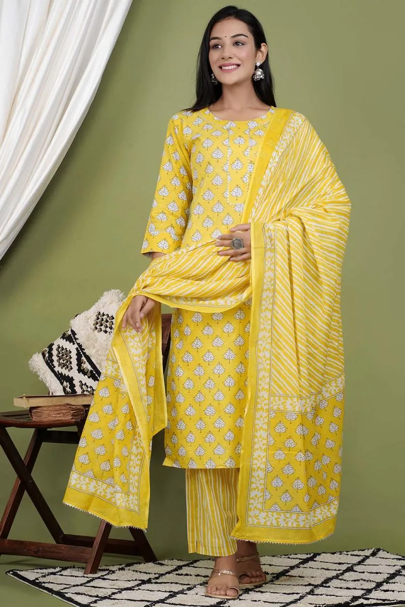 Cotton Printed Kurti with Palazzo & Dupatta Set for Women