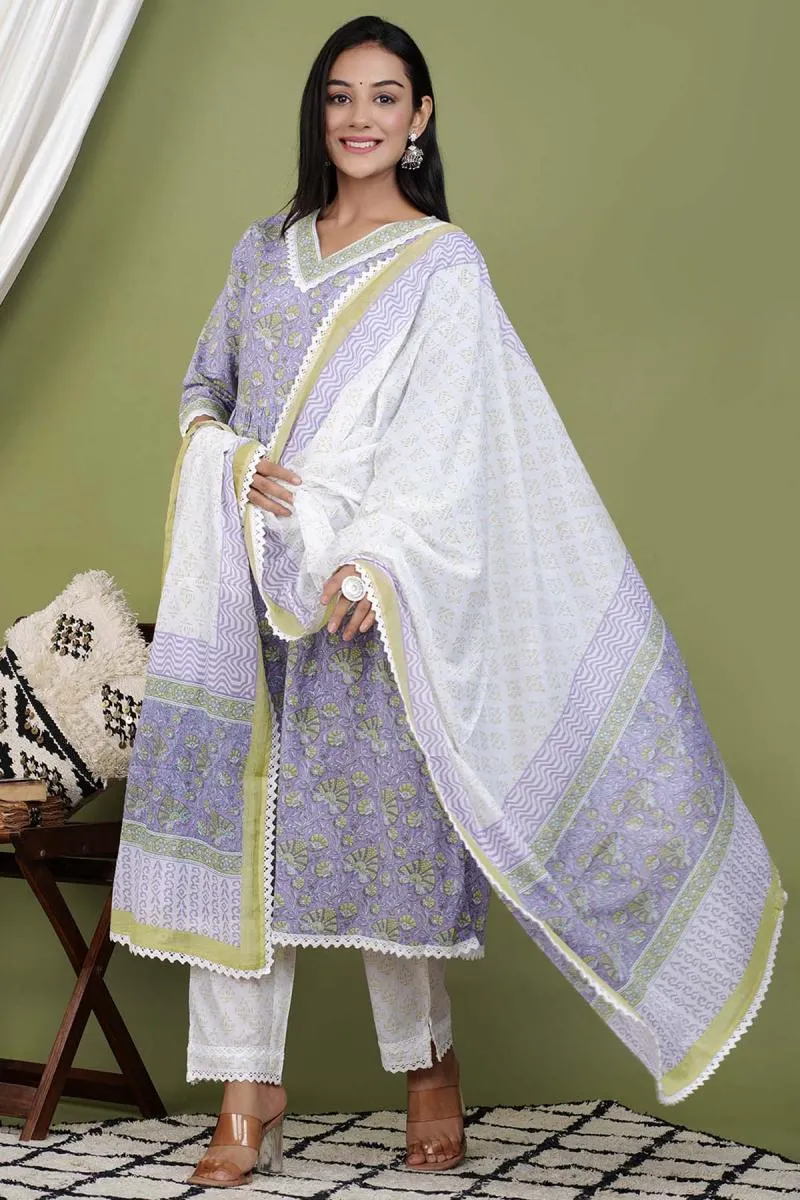 Cotton Printed Kurti with Palazzo & Dupatta Set for Women