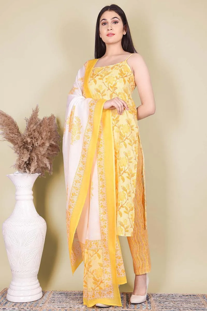Cotton Printed Kurti with Pant & Dupatta Set for Women  000154M38YEL2