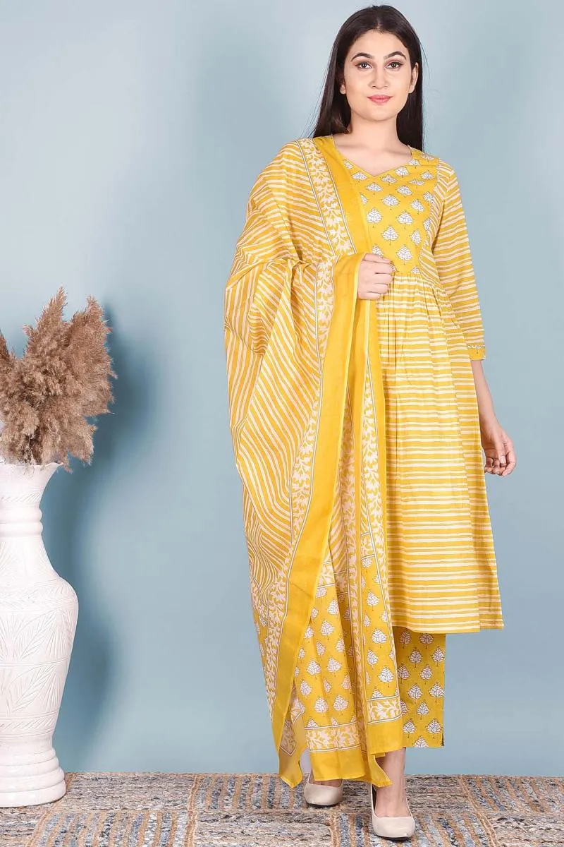 Cotton Printed Kurti with Pant & Dupatta Set for Women