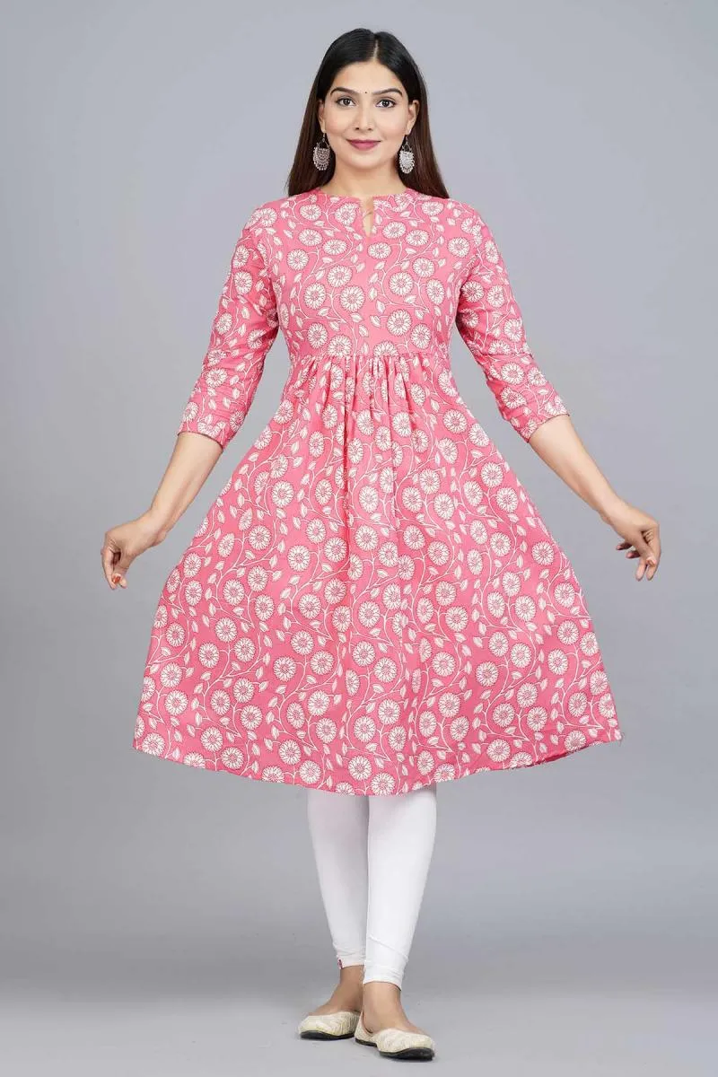 Cotton Floral Print Anarkali Kurti for Women 000462XXLPIN - Pink kurti - XXL-44 kurti