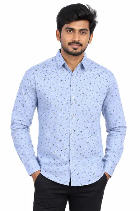 Men's Cotton Floral Print Shirt 000873SKYBLU46