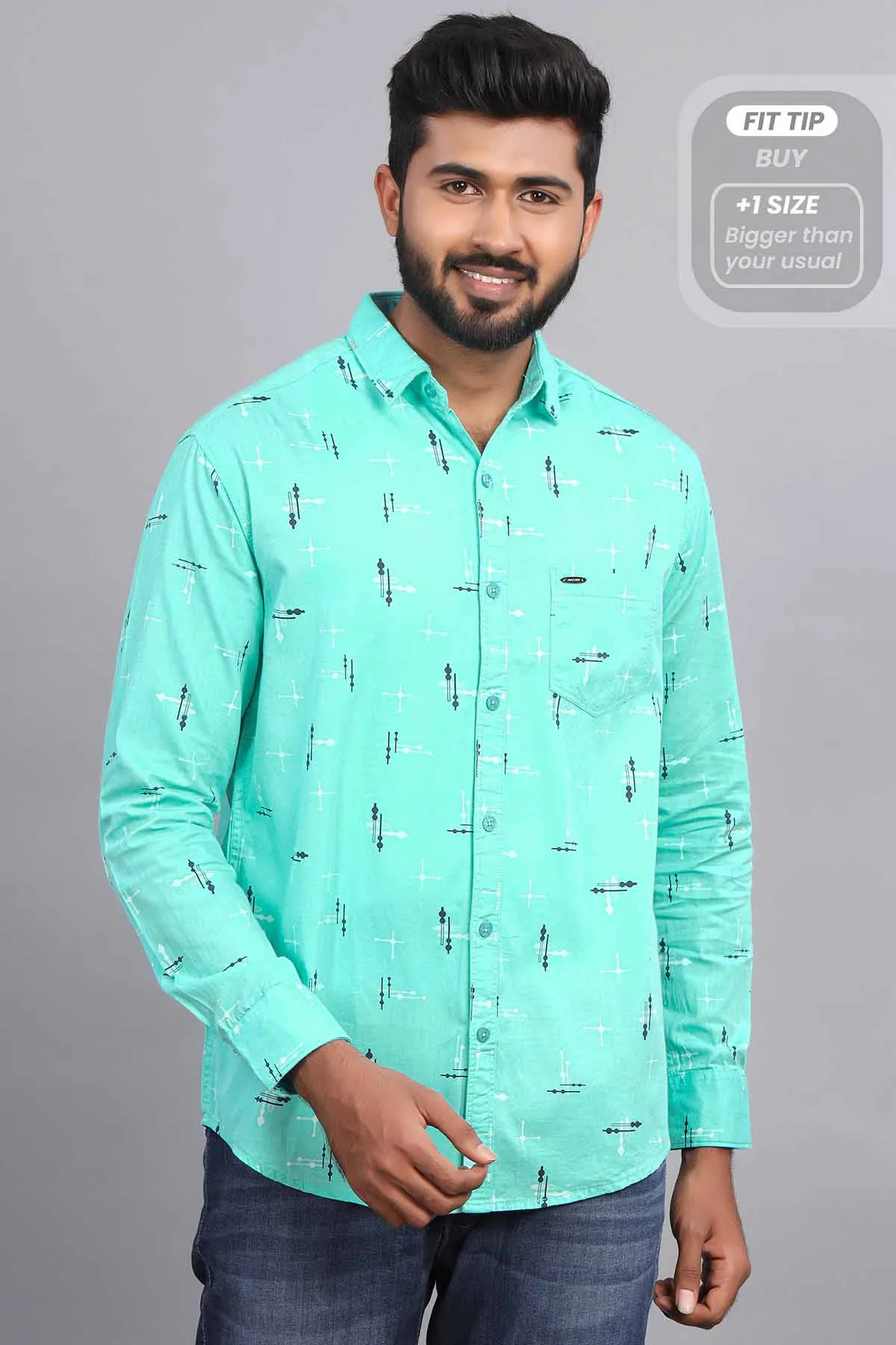 Men's Cotton Geometric Print Shirt 000894LIGSEAGRE38