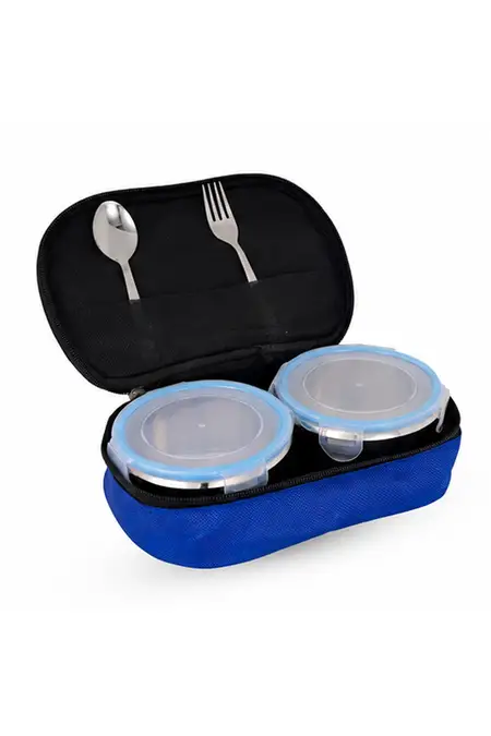 Diamond Stainless Steel & Plastic Container With bag & spoon, Set of 2 - 250 ML (Each)