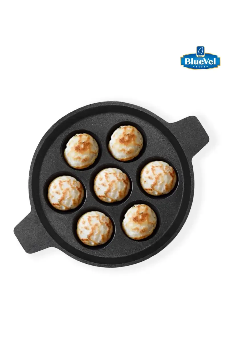 Bluevel 7 Pit/Cup Cast Iron Paniyaram/Appe Pan, 8 Inch, Pre-Seasoned, Naturally Nonstick, 100% Pure, Toxin-Free, 1.4 kg