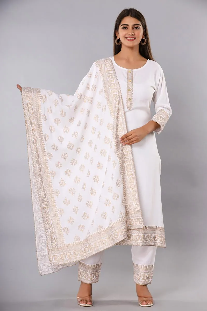 Rayon Printed Kurti with Pant & Dupatta Set for Women