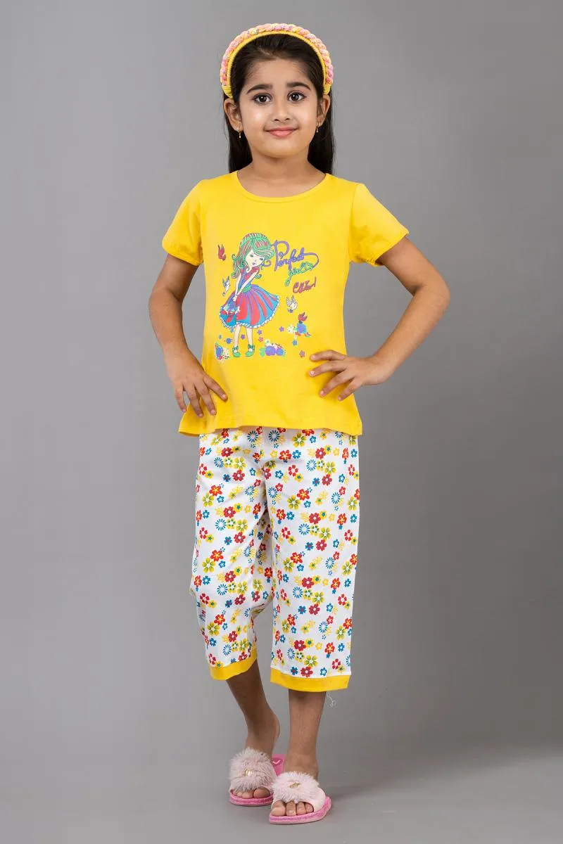 Girl's Cotton Blend Printed Pyjama Set (3 - 9 Yrs)