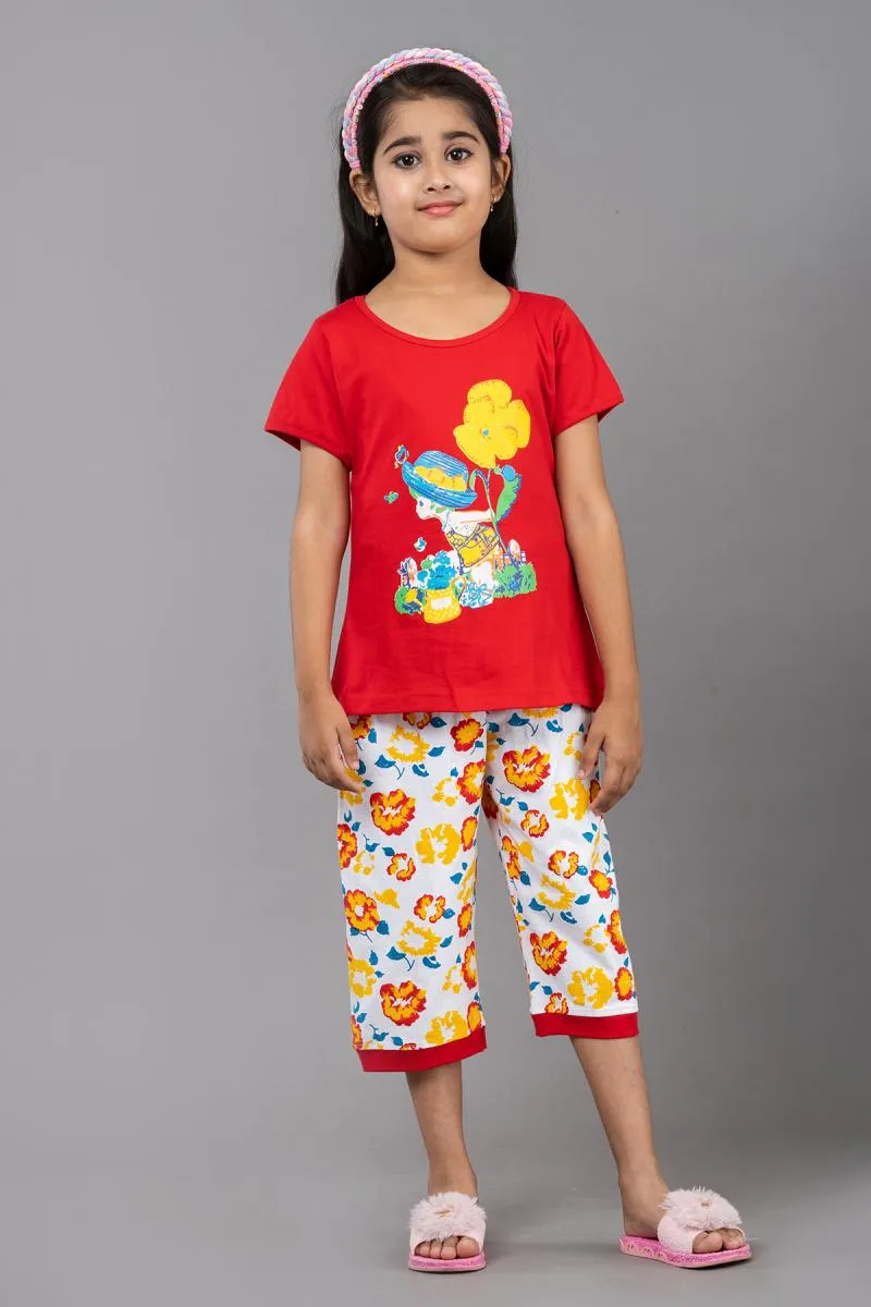 Girl's Cotton Blend Printed Pyjama Set (3 - 9 Yrs)