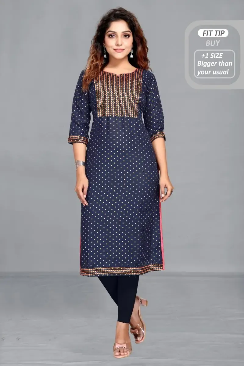Cotton Blend Printed Kurti for Women 001484XL4NAVBLU