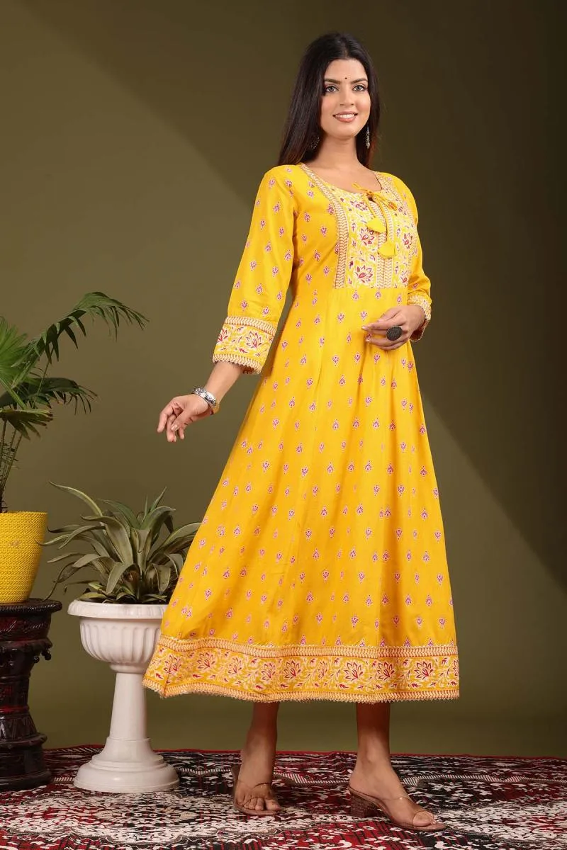 Rayon Printed Anarkali Kurti For Women 001528XL4YEL - Yellow kurti - XL-42 kurti