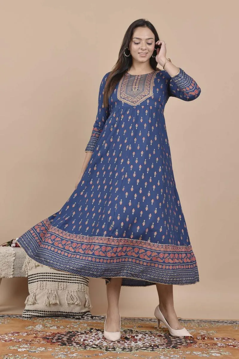 Rayon Printed Anarkali Kurti for Women 001532M38BLU - Blue kurti - M-38 kurti