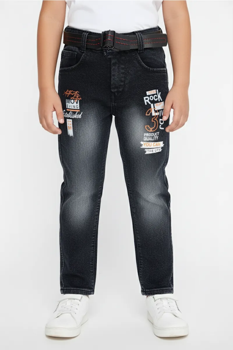 Boy's Denim Printed Jeans with Belt - Black