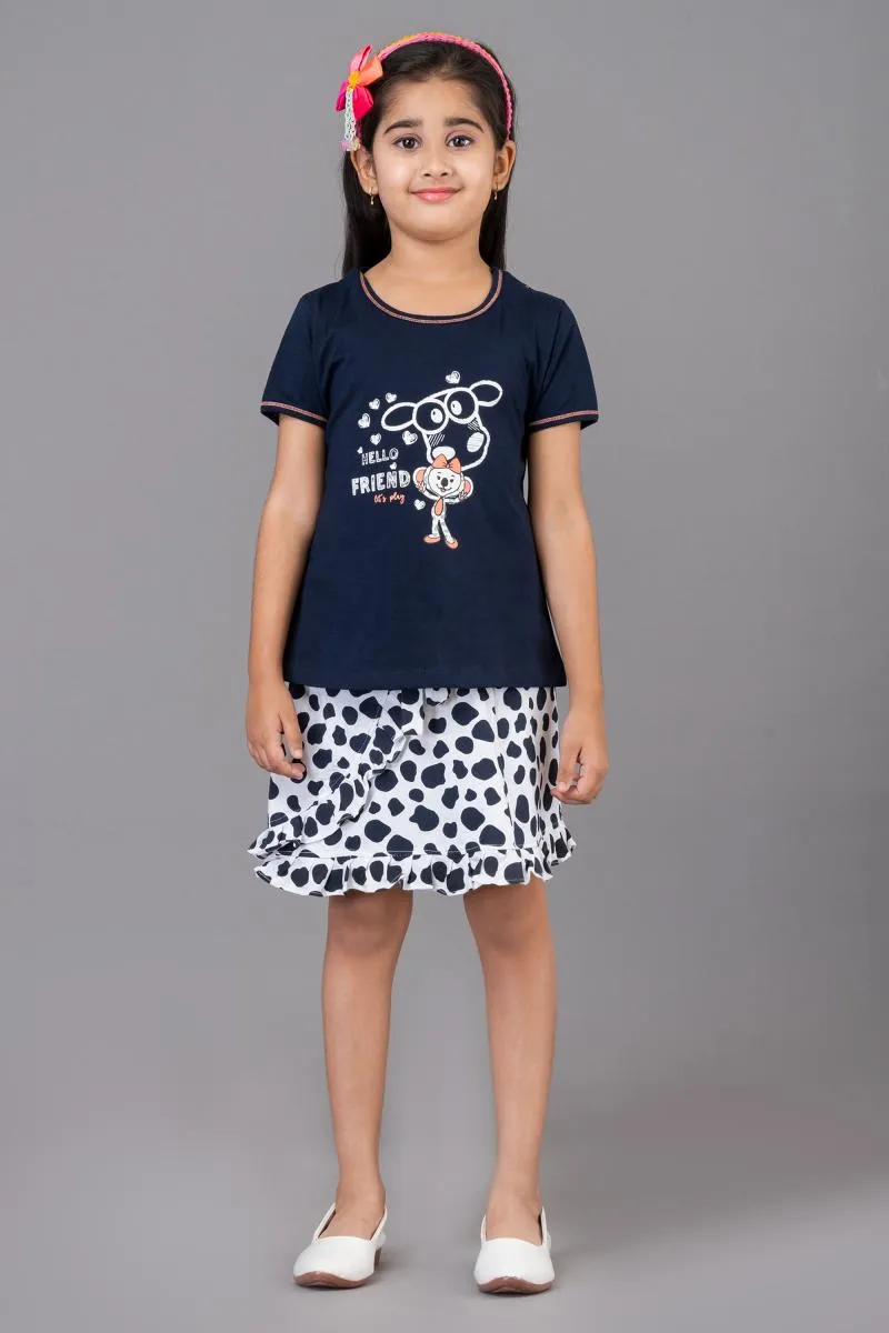 Girl's Pure Cotton Printed T-Shirt with Skirt Set (3 - 6 Yrs) 001692NAVBLU34YEA