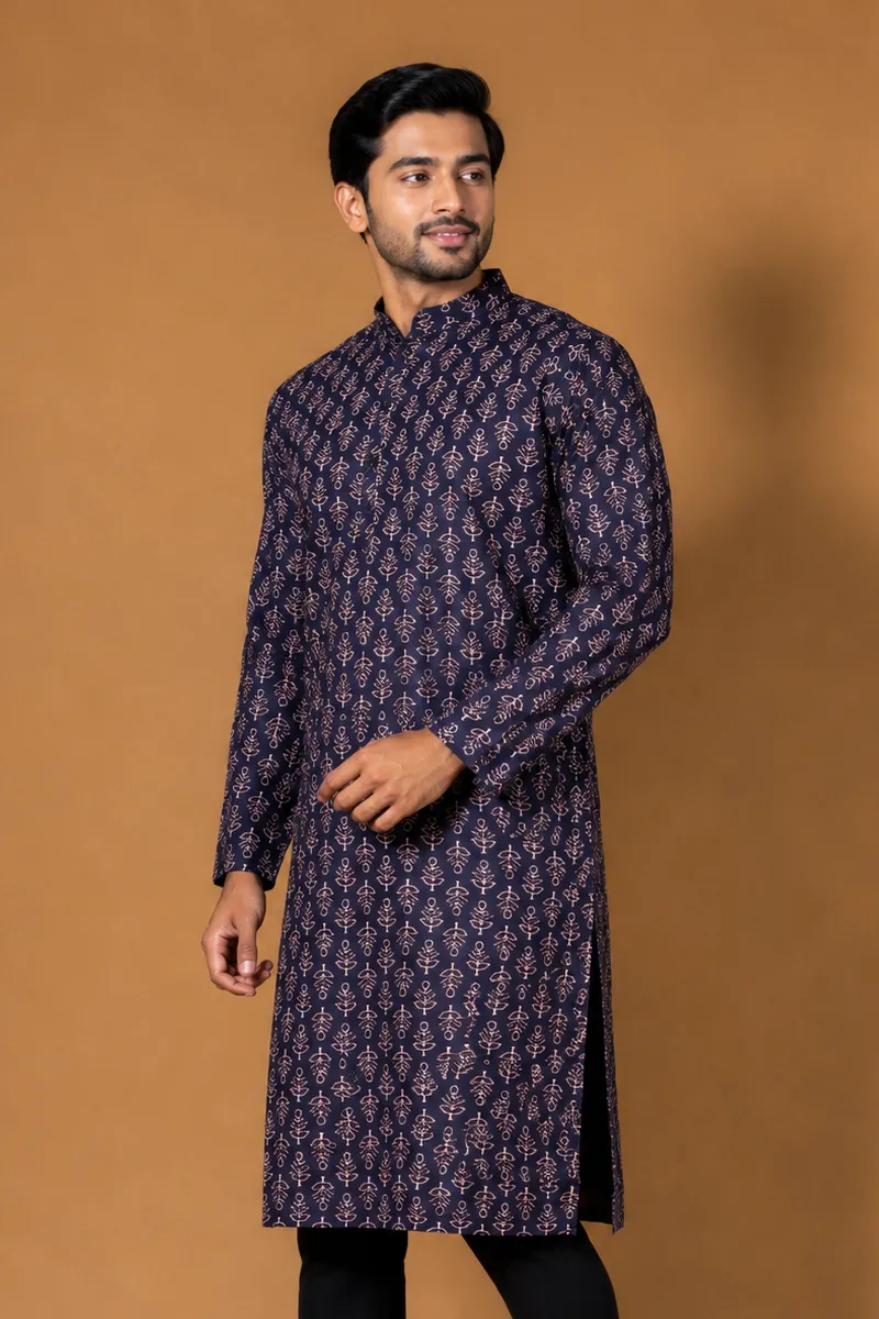 Cotton Poly Printed Kurta for Men 00178148NAVBLU
