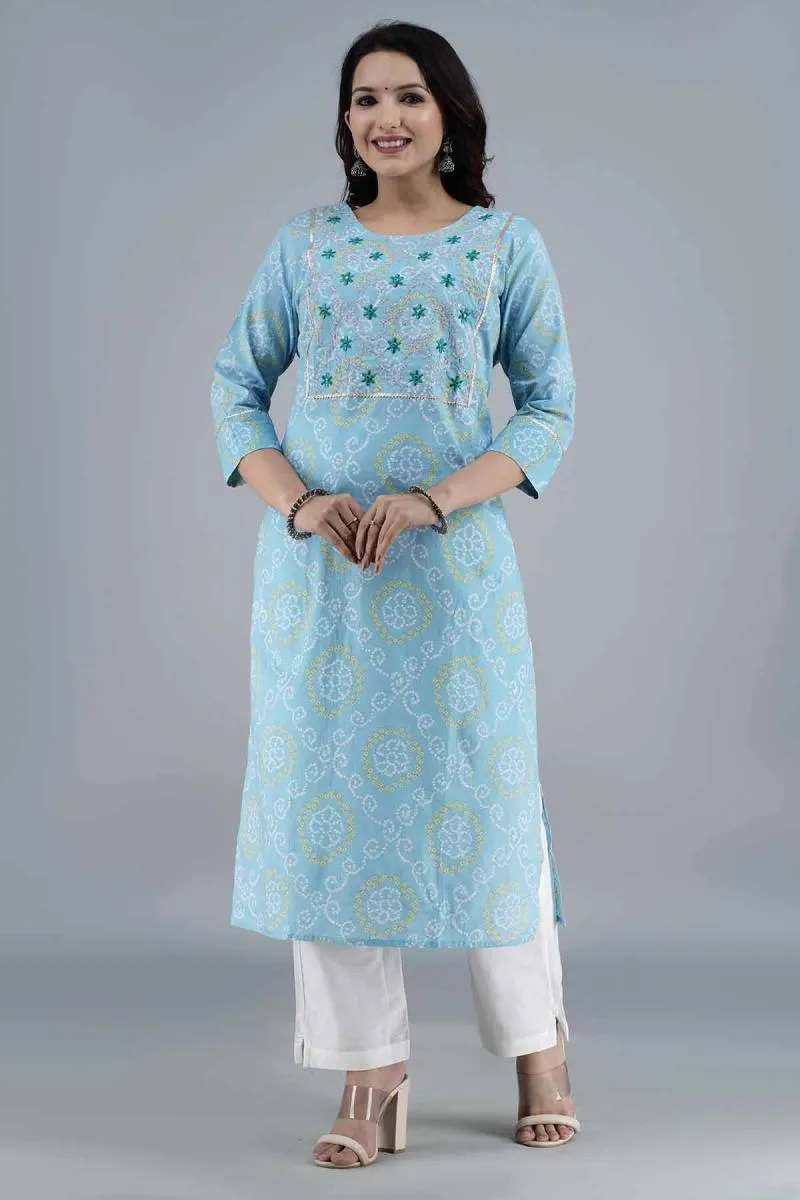 Cotton Embroidered Kurti with Palazzo Set for Women 001972XXLSKYBLU