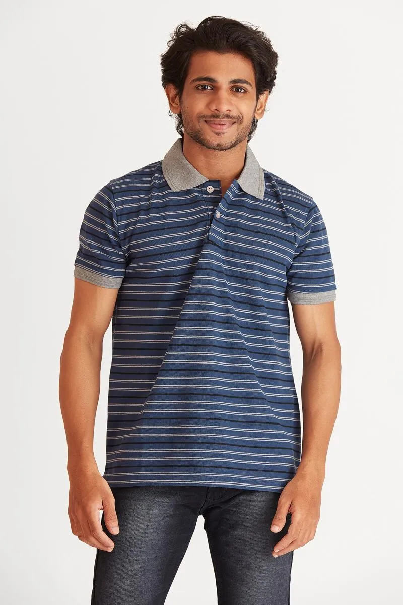 Cotton Striped Polo Neck T-Shirt for Men 002067MNAVBLU