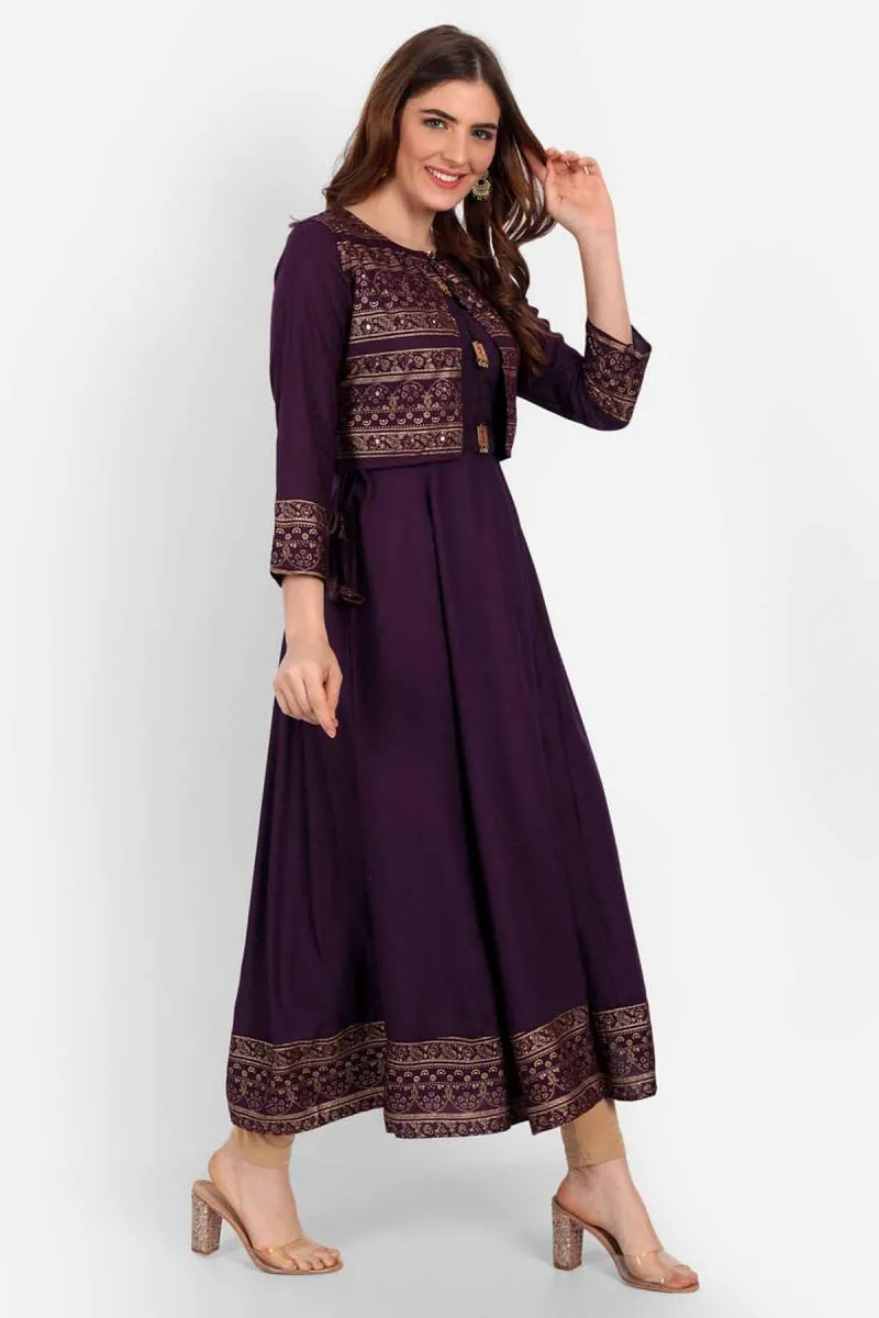 Rayon Printed Jacketed Anarkali Kurti for Women 002167M38PUR