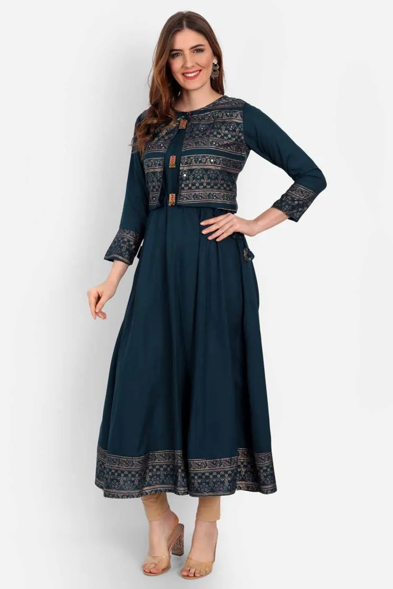 Rayon Printed Jacketed Anarkali Kurti for Women 002167M38TEA