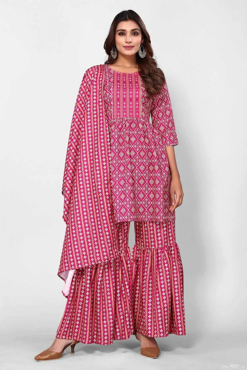 Rayon Printed Sharara Set for Women 002173M38MAG Kurti set kurthi 3 pcs set kurtha set salwar set 3 piece salwar set three pies kurti set kurti3set salwar suit , set of 3 kurti , 3 piece kurti set