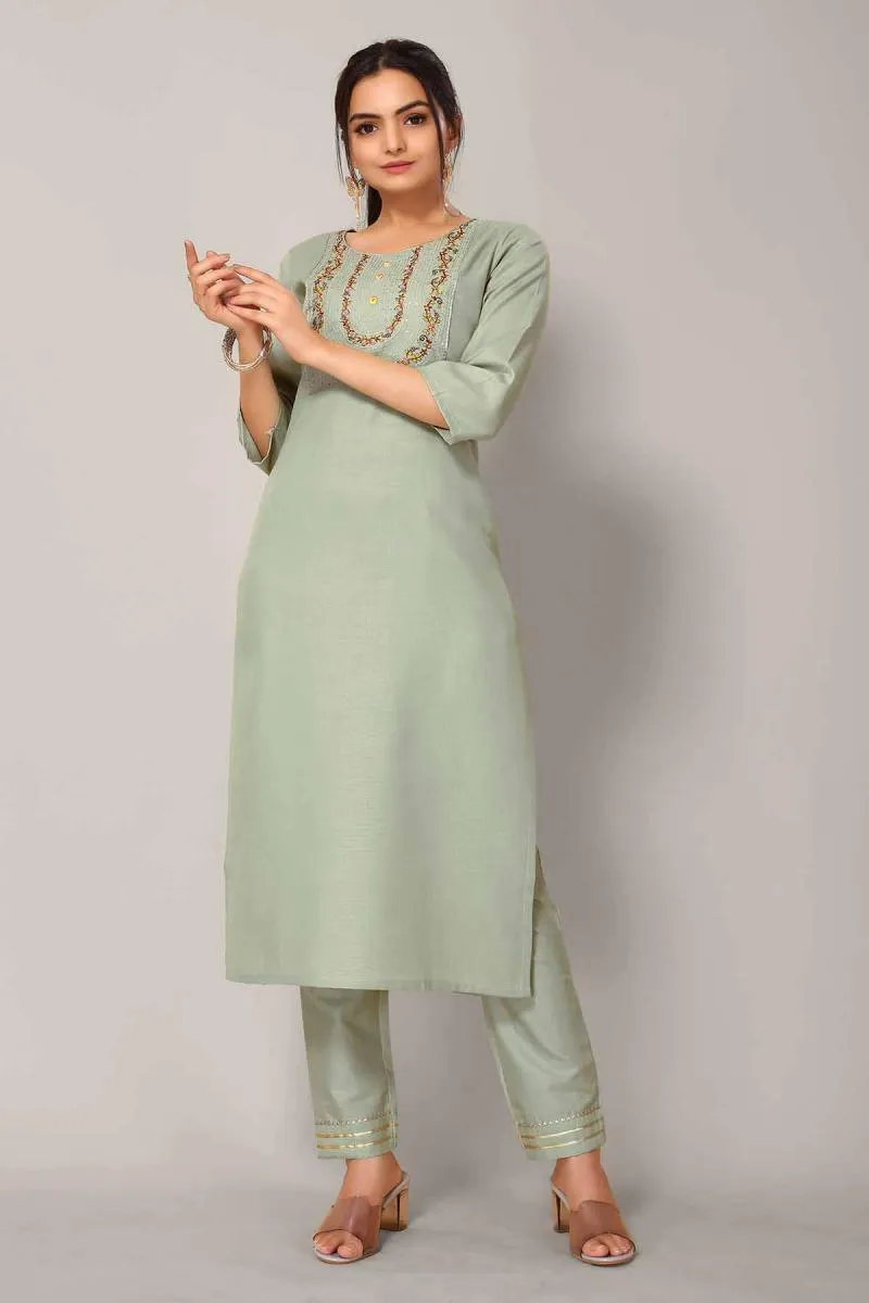 Cotton Blend Embroidered Kurti with Pant Set for Women  002196M38LIGGRE