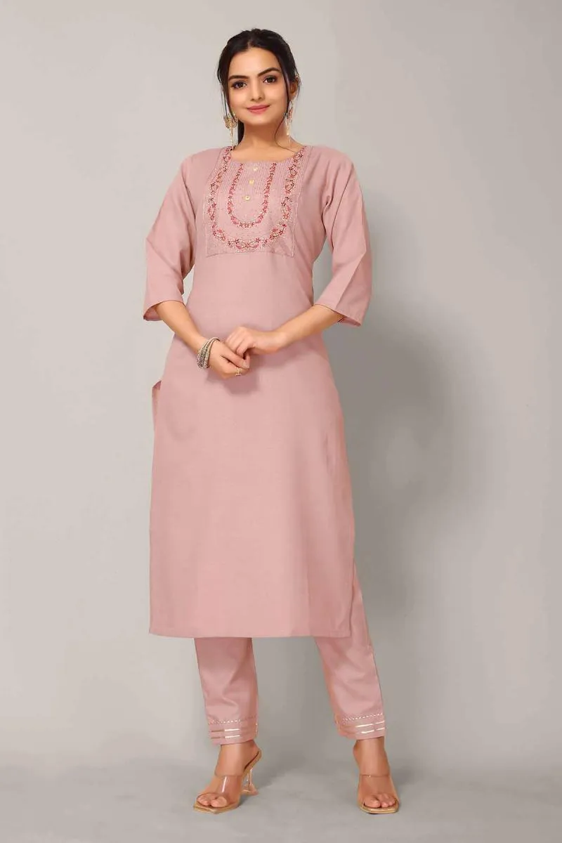 Cotton Blend Embroidered Kurti with Pant Set for Women