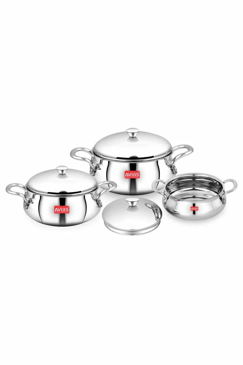 Avias Aroma Stainless Steel Handi Set with Lid - 1 Ltr, 1.5 Ltr, 2 Ltr