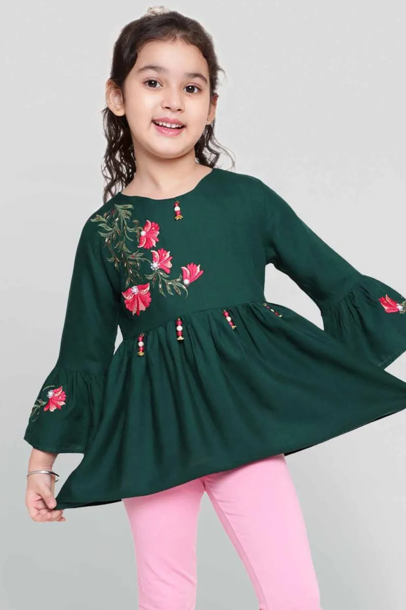 Girl's Viscose Rayon Embroidered Pattern Top (3 - 16 Yrs) 0025491112YRSDARGRE