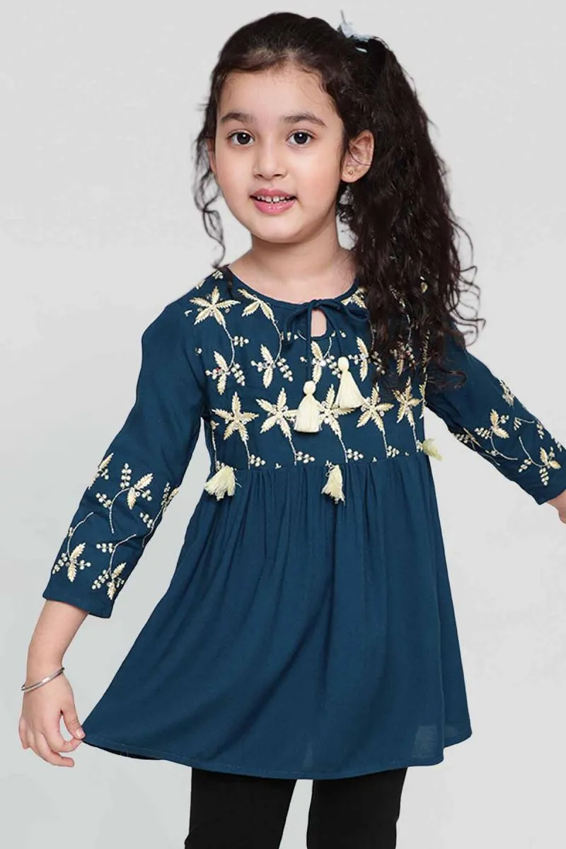Girl's Viscose Rayon Embroidered Pattern Top (3 - 16 Yrs) 00255034YRSDARBLU