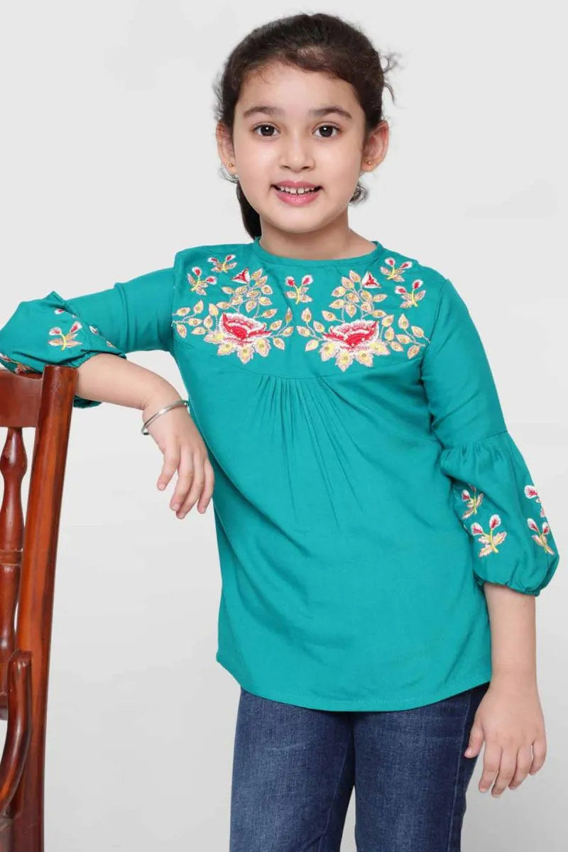 Girl's Viscose Rayon Embroidered Pattern Top (3 - 14 Yrs) 00255234YRSGRE