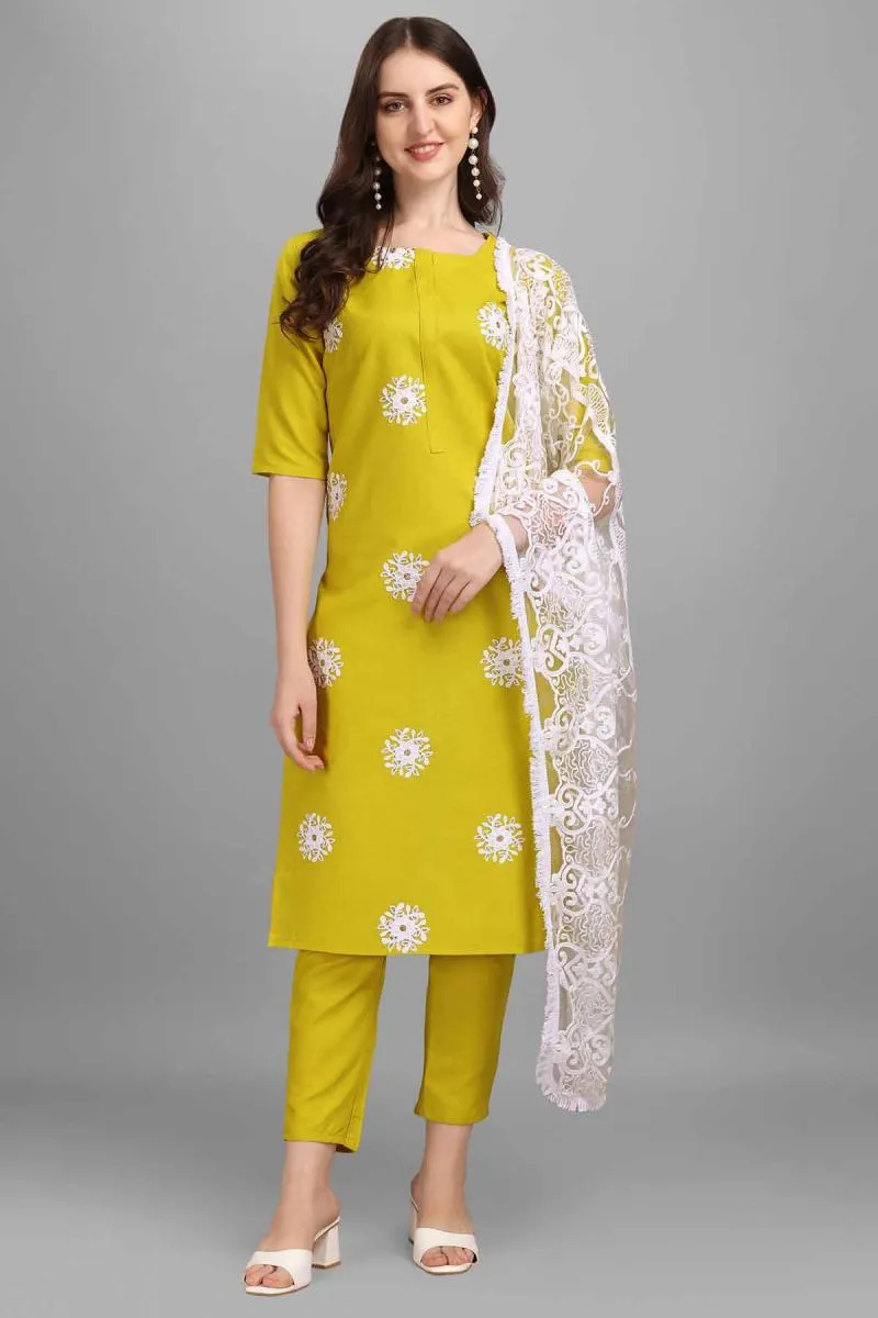 Cotton Embroidered Kurti with Pant & Dupatta Set for Women 002645SGRE