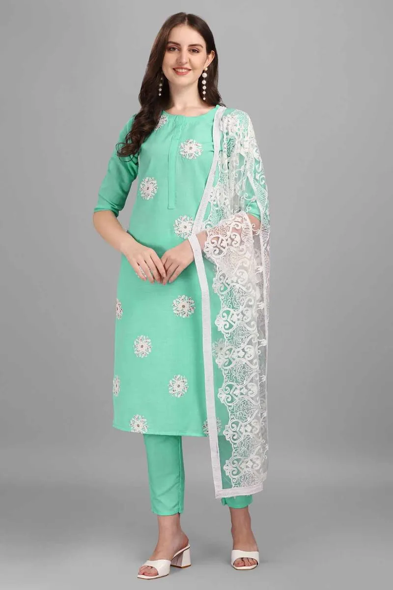 Cotton Embroidered Kurti with Pant & Dupatta Set for Women