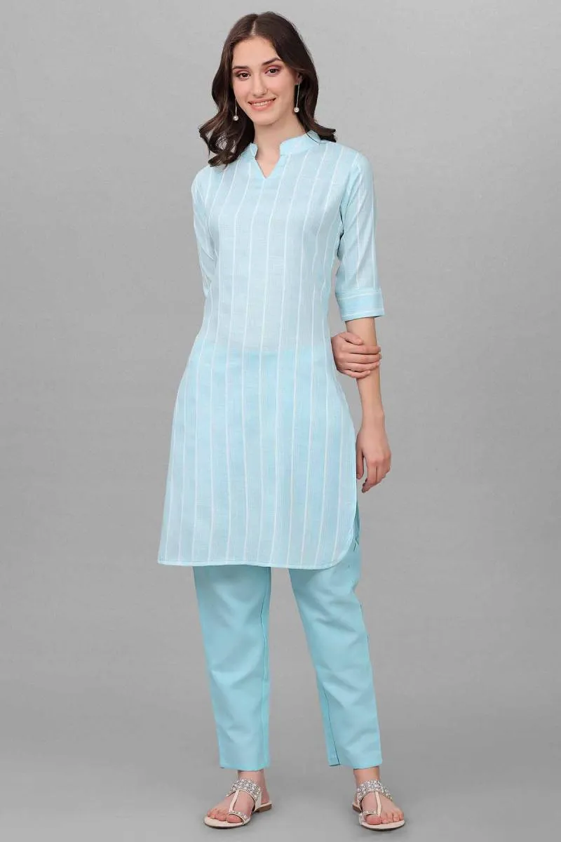 Cotton Linen Striped Kurti with Pant Set for Women 002651SSKYBLU