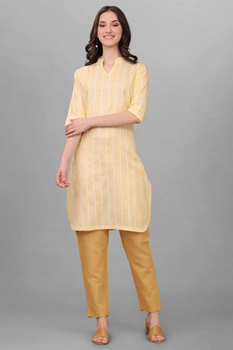 Cotton Linen Striped Kurti with Pant Set for Women 002651SYEL