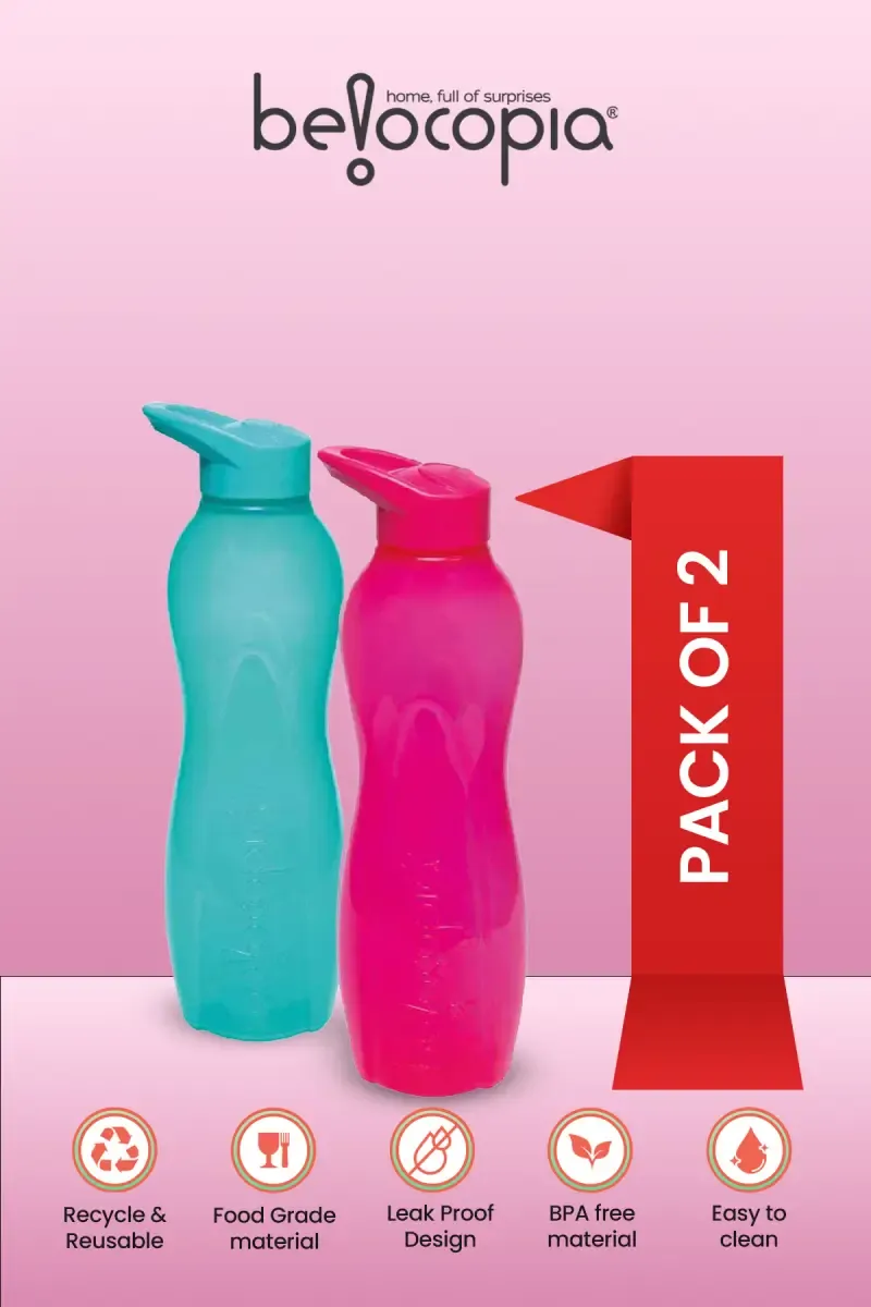 Belocopia Plastic Sporty Water Bottle, Pack of 2 - 1000ml (Each)