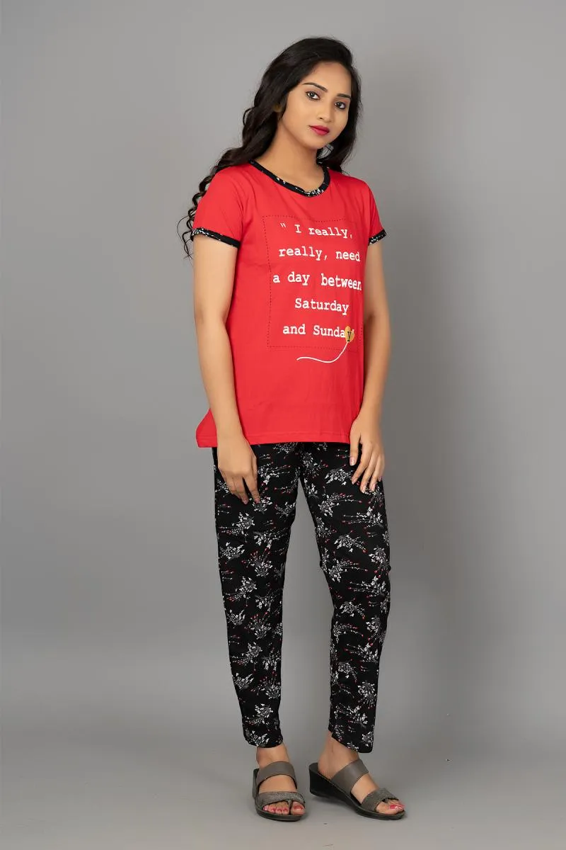 Cotton Printed Top with Pyjama Set for Women 002977REDS