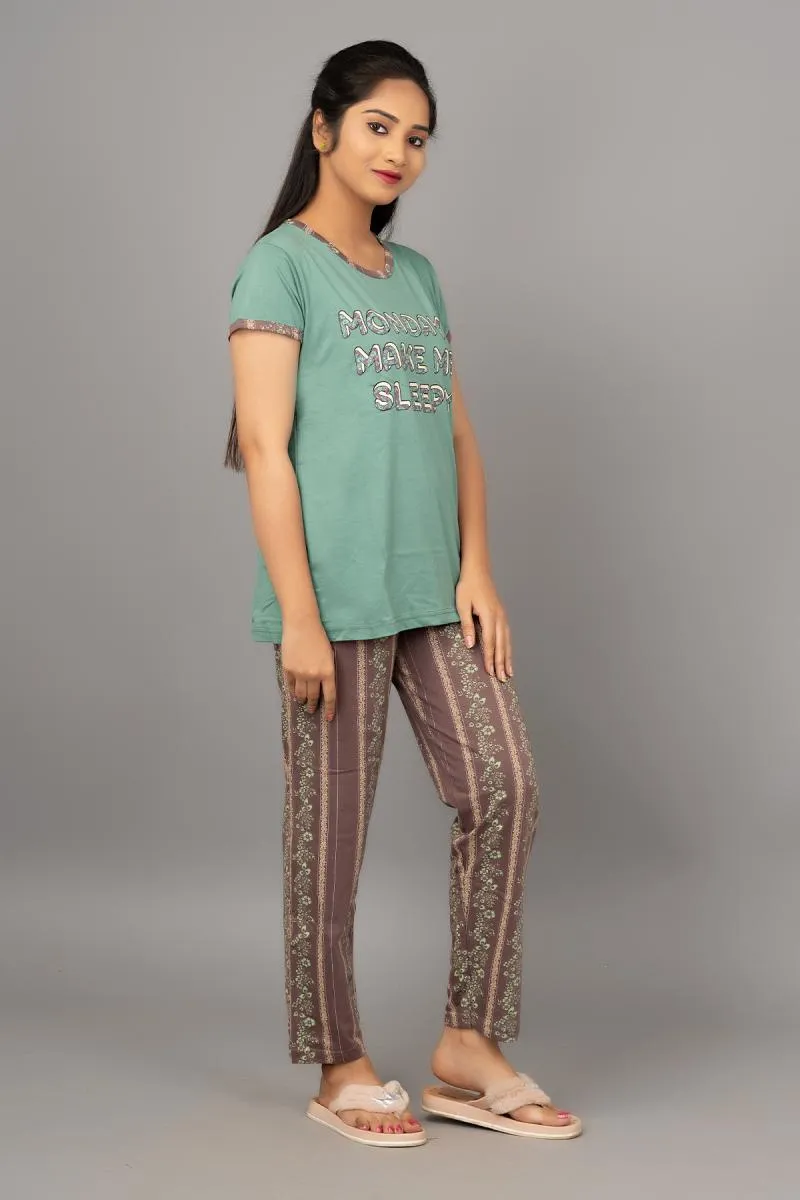 Cotton Printed Top With Pyjama Set For Women